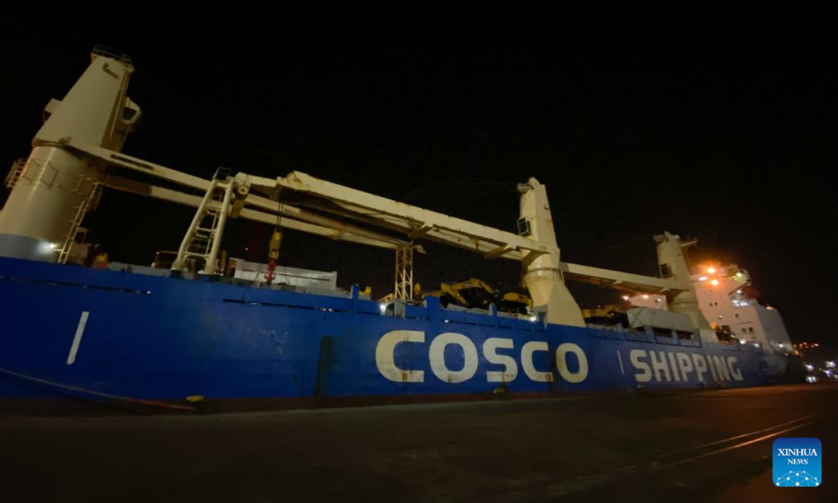A vessel, loaded with a high-speed electric passenger train and an inspection train for the Jakarta-Bandung High-Speed Railway (HSR) project, is seen at Tanjung Priok Port in Jakarta, Indonesia on Sep 1, 2022. Photo:Xinhua