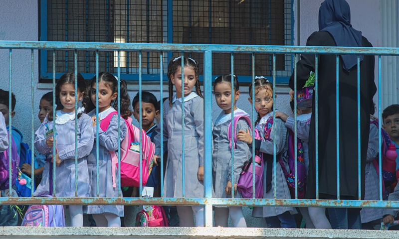 Palestinian students line up at their school on the first day of the new school year in Gaza City, on Aug. 29, 2022.(Photo: Xinhua)