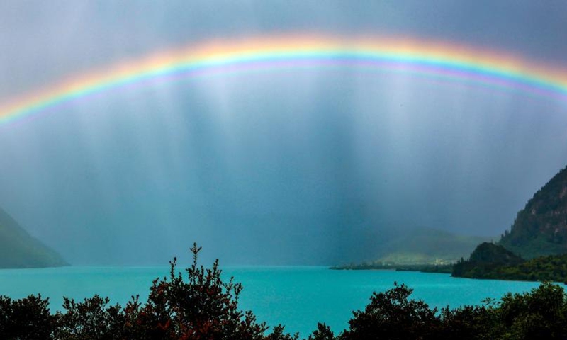 A rainbow appears in the sky over the Basum Lake in the city of Nyingchi, southwest China's Tibet Autonomous Region, Aug. 29, 2022.(Photo: Xinhua)