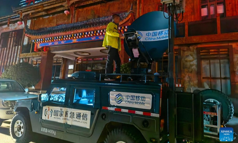 A vehicle for emergency communications is deployed by China Mobile in Moxi Town of Luding County, southwest China's Sichuan Province, Sept. 5, 2022. A 6.8-magnitude earthquake jolted southwest China's Sichuan Province on Monday, leaving at least 21 people dead and more than 30 injured, causing damage to infrastructure facilities, such as the water and electricity supply, transportation and telecommunications. (Photo by Yan Xiaoping/Xinhua)