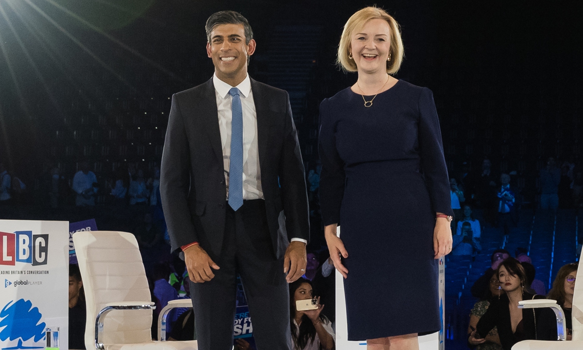 Rishi Sunak (left) and Liz Truss take part in the final Conservative leadership election hustings in London, UK, on August 31, 2022. Photo: VCG