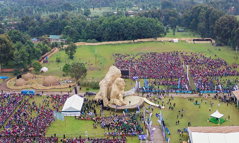 Aerial photo taken on Sept. 2, 2022 shows a baby gorilla naming ceremony in Musanze, Rwanda.Photo:Xinhua