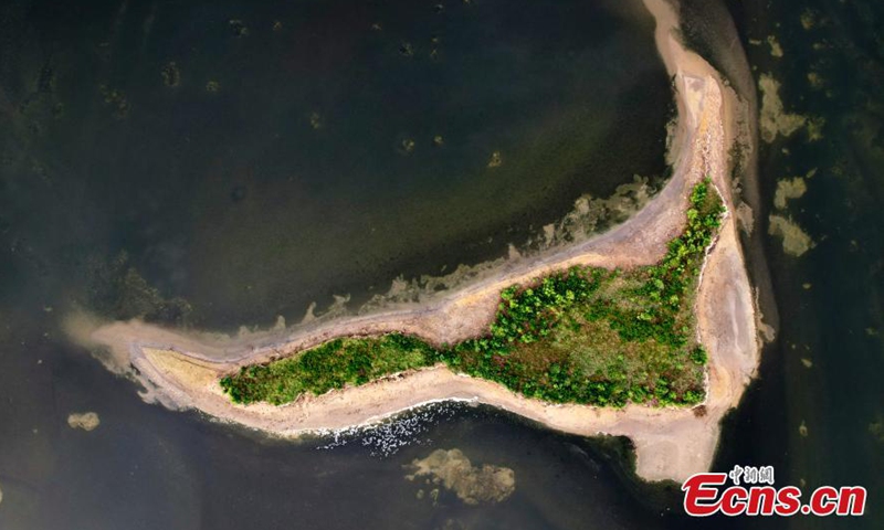 2022年9月4日，在中国北方山西省被称为中国死海的运城盐湖上形成心形盐层。图片：中新社
