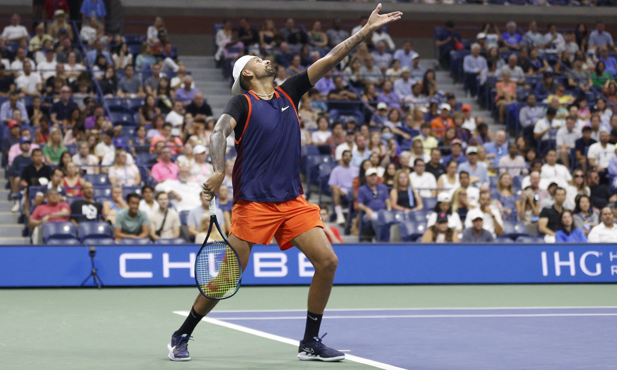 Nick Kyrgios serves against Daniil Medvedev during their men's singles fourth-round match on Day Seven of the 2022 US Open at USTA Billie Jean King National Tennis Center in New York, the US on September 4, 2022. Photo: AFP