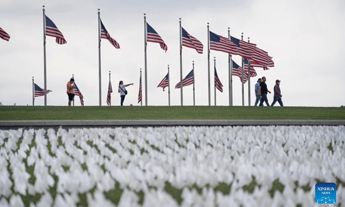 White flags are seen on the National Mall in Washington, D.C., the United States, on Sept. 16, 2021.Photo: Xinhua