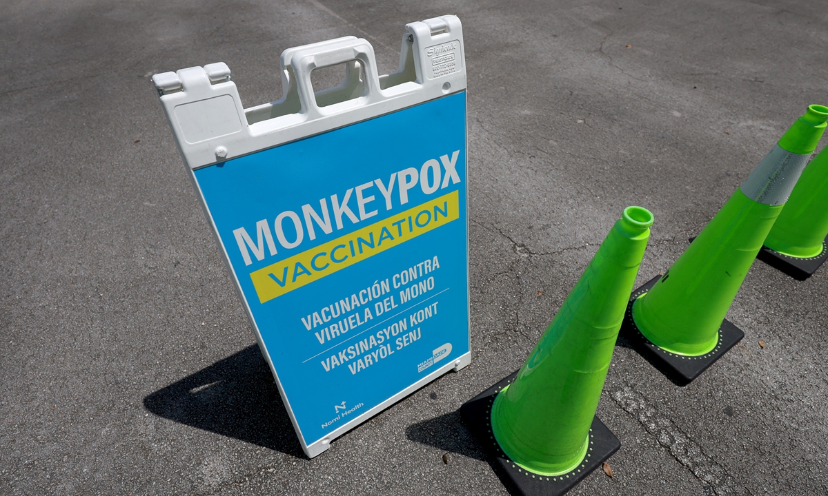 A sign announcing monkeypox vaccination is setup in Tropical Park by Miami-Dade County and Nomi Health on August 15, 2022 in Miami, Florida. Photo: AFP