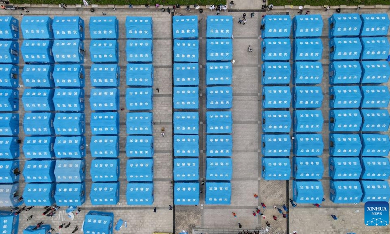 Aerial photo taken on Sept. 6, 2022 shows a quake relief shelter in Wajiao Village of Wanggangping Township in Shimian County of Ya'an City, southwest China's Sichuan Province.(Photo: Xinhua)