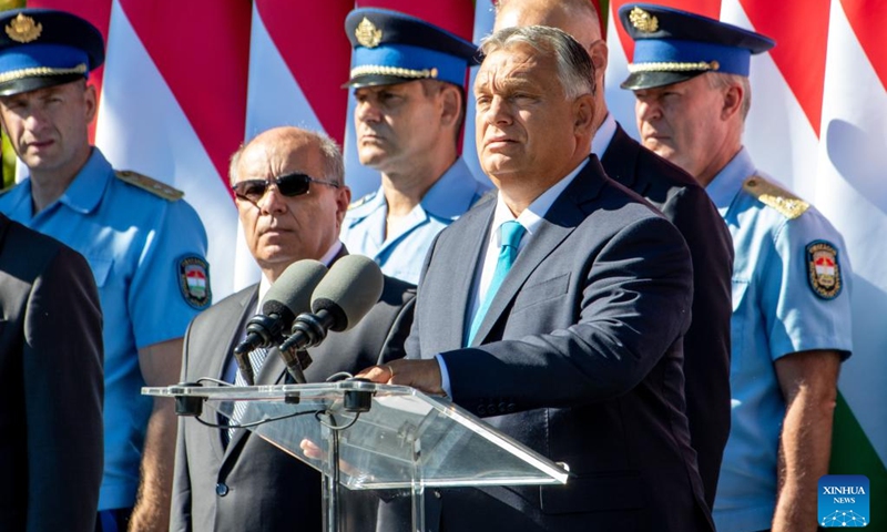 Hungarian Prime Minister Viktor Orban delivers his speech at an inauguration ceremony for Hungary's first border hunter regiment in Budapest, Hungary on Sept. 9, 2022. The first border hunter regiment was inaugurated here on Friday. (Photo by Attila Volgyi/Xinhua)