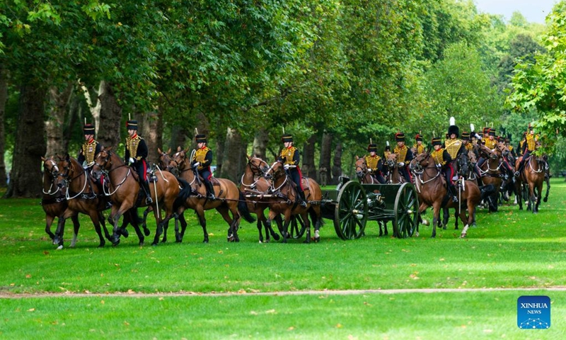 Members of the Royal Horse Artillery leave after a 96-gun salute in honor of Queen Elizabeth II at Hyde Park in London, Britain, on Sept. 9, 2022. Queen Elizabeth II, Britain's longest-reigning monarch in history, has died aged 96, Buckingham Palace announced on Thursday. (Photo by Stephen Chung/Xinhua)