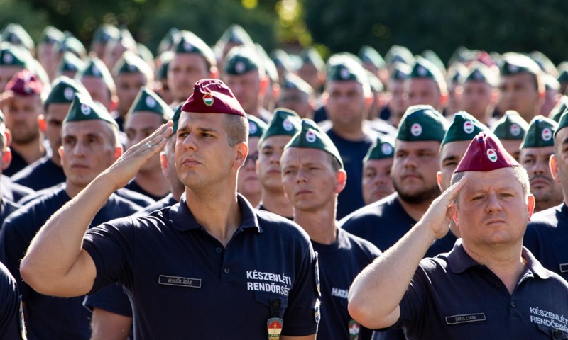 Members of Hungary's first border hunter regiment attend the inauguration ceremony in Budapest, Hungary on Sept. 9, 2022. The first border hunter regiment was inaugurated here on Friday. (Photo by Attila Volgyi/Xinhua)
