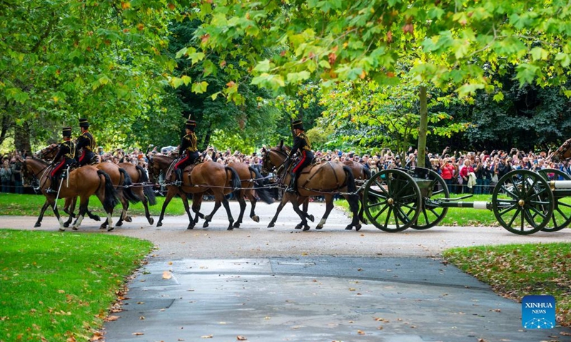 Members of the Royal Horse Artillery leave after a 96-gun salute in honor of Queen Elizabeth II at Hyde Park in London, Britain, on Sept. 9, 2022. Queen Elizabeth II, Britain's longest-reigning monarch in history, has died aged 96, Buckingham Palace announced on Thursday. (Photo by Stephen Chung/Xinhua)