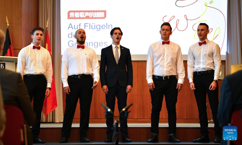 Members of Burg Chinese Chorus perform during the cloud concert to celebrate the 50th anniversary of diplomatic relations between China and Germany in Essen, Germany, on Sept. 10, 2022.Photo:Xinhua