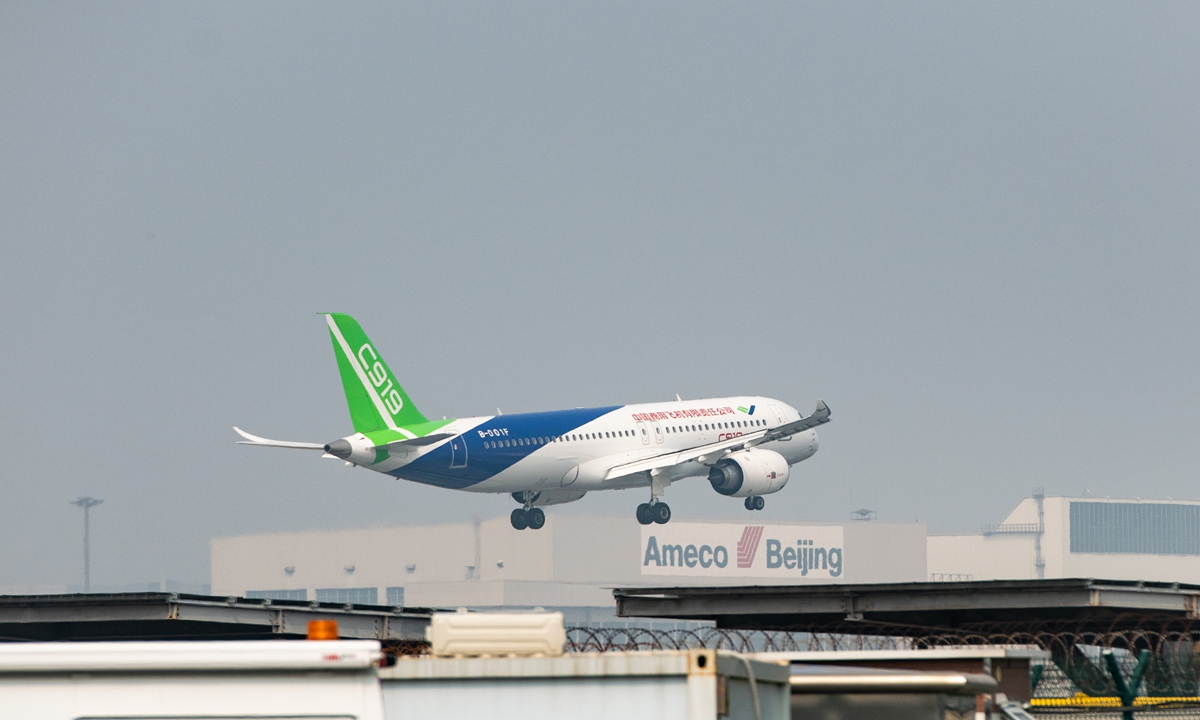 Two C919 jets arrive at the Beijing Capital International Airport on September 13, 2022. Photo: VCG