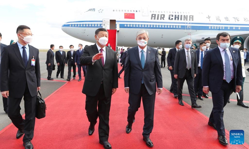 Chinese President Xi Jinping arrives at the Nursultan Nazarbayev International Airport for a state visit to Kazakhstan, Sept. 14, 2022. Xi was warmly welcomed by Kazakh President Kassym-Jomart Tokayev, and a group of senior officials including Kazakh Deputy Prime Minister and Minister of Foreign Affairs Mukhtar Tileuberdi and Nur-Sultan Mayor Altai Kulginov.Photo: Xinhua
