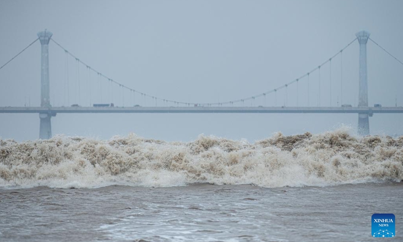 Photo taken on Sept. 13, 2022 shows a view of the tidal bore of the Qiantang River in Hangzhou, east China's Zhejiang Province. The Qiantang River tidal bore, famous for its height and speed, is a traditional tourist attraction here.(Photo: Xinhua)