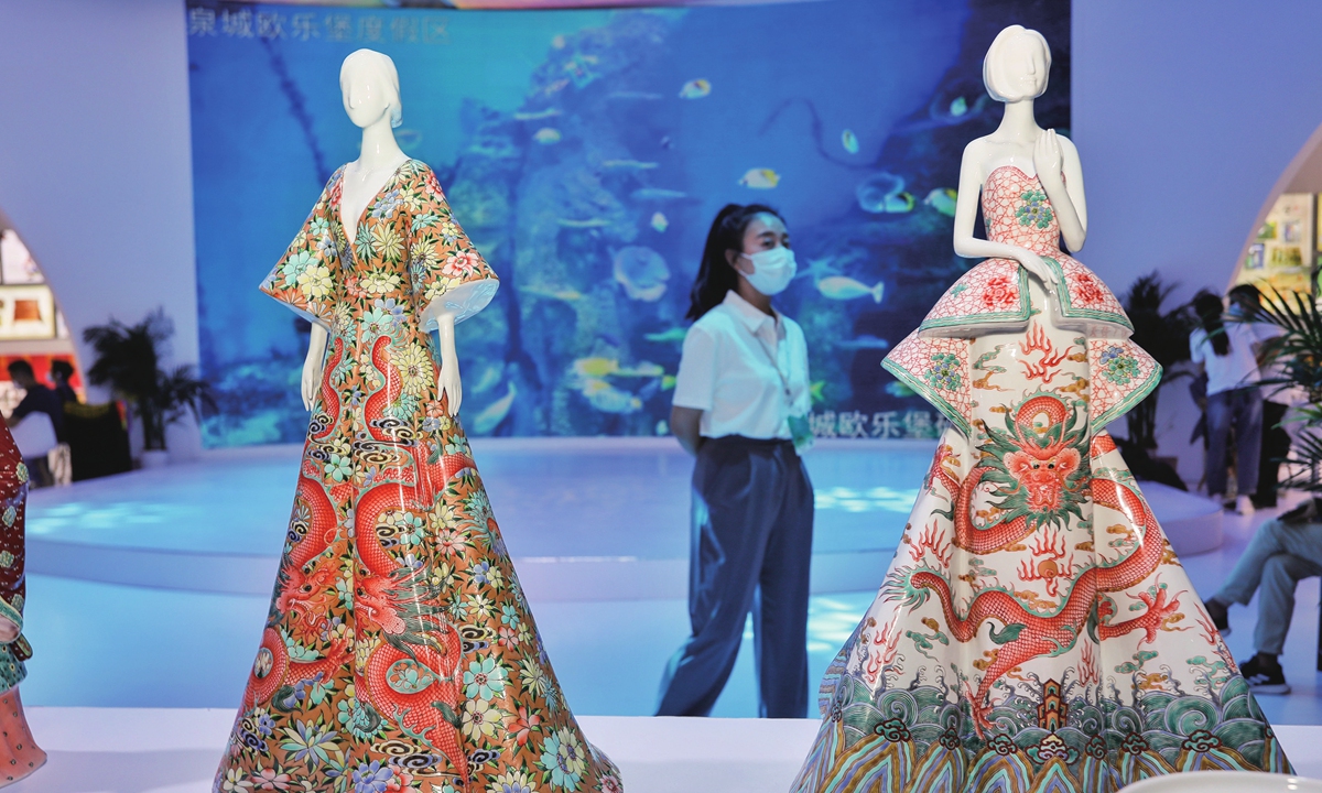 Dresses are on display at the China International Culture and Tourism Fair, which opened in Jinan, East China's Shandong Province on September 15, 2022. The fair attracted cultural products from more than 20 countries and regions, including Turkey, Nepal and Russia. Photo: VCG