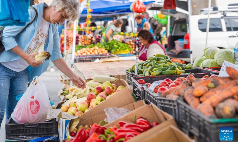 A woman buys vegetables at a food fair in Vladivostok, Russia, Sept. 14, 2022.(Photo: Xinhua)