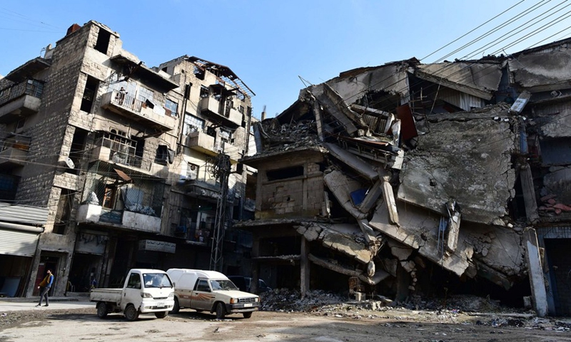 A destroyed building is seen at the Al-Qatirji industrial city in Syria's northern city of Aleppo on March 7, 2022.(Photo: Xinhua)