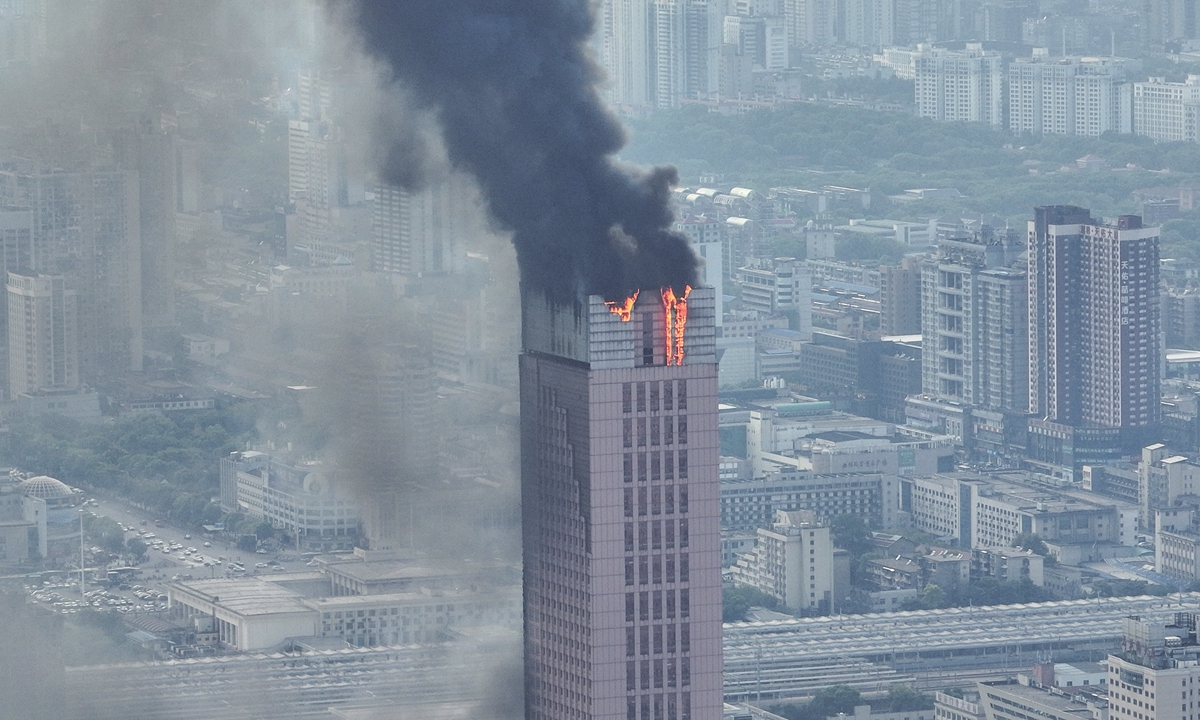 A large fire engulfs a high-rise building belonging to China Telecom in Changsha, Central China's Hunan Province, on September 16, 2022. The fire was put out at about 4:30 pm, and no casualties were reported, the group announced Friday on China's Twitter-like Sina Weibo. China Telecom's Hunan branch told media that they were investigating the cause of the fire. Photo: VCG