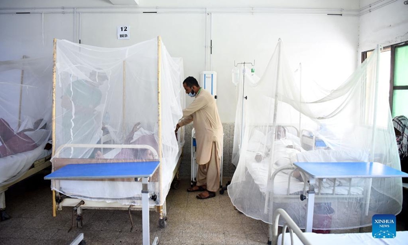 Patients affected with dengue fever are treated inside mosquito nets at a hospital in Islamabad, capital of Pakistan on Sept. 15, 2022. Pakistan's capital Islamabad has been facing a surge in dengue cases as 72 new cases were reported in the last 24 hours, amid an outbreak of the disease in the country, health authorities said.(Photo: Xinhua)