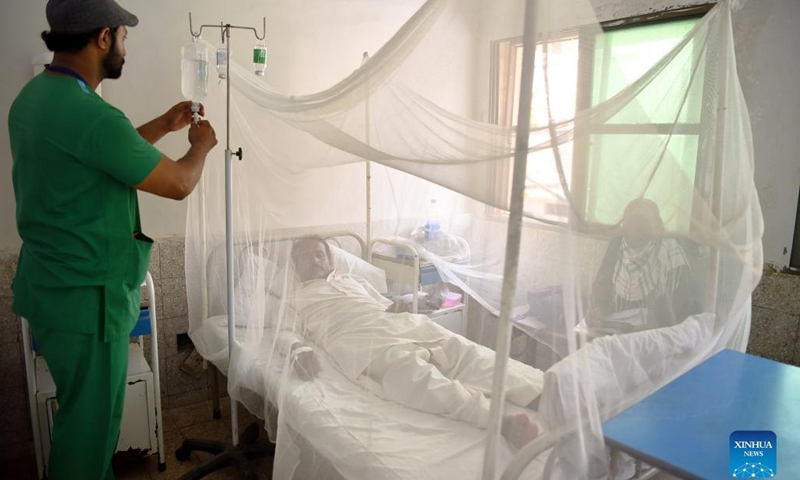 A patient affected with dengue fever is treated inside mosquito nets at a hospital in Islamabad, capital of Pakistan on Sept. 15, 2022. Pakistan's capital Islamabad has been facing a surge in dengue cases as 72 new cases were reported in the last 24 hours, amid an outbreak of the disease in the country, health authorities said.(Photo: Xinhua)