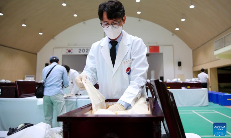 The remains of Chinese soldiers killed in the 1950-53 Korean War are casketed in Incheon, South Korea, Sept. 15, 2022.(Photo: Xinhua)