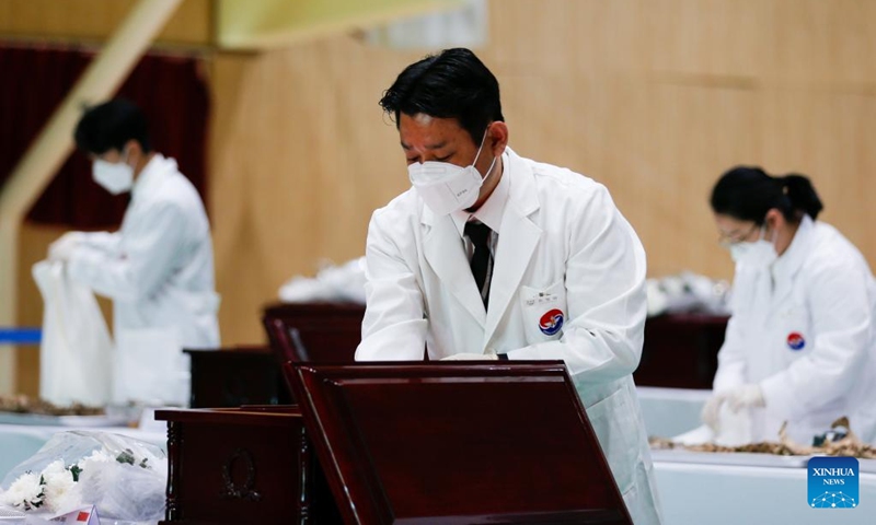 The remains of Chinese soldiers killed in the 1950-53 Korean War are casketed in Incheon, South Korea, Sept. 15, 2022.(Photo: Xinhua)
