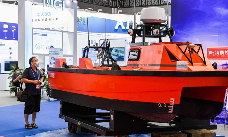 Photo taken on Sept. 17, 2022 shows an unmanned ship for ocean research during the 19th China-ASEAN Expo in Nanning, capital of south China's Guangxi Zhuang Autonomous Region.Photo:Xinhua