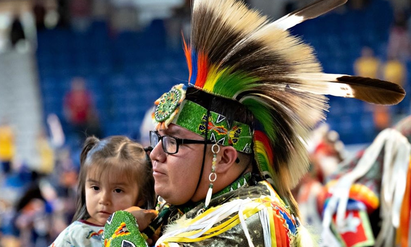 A man dressed in indigenous costume is seen during the Pow Wow's dance and celebrations at the Langley Events Centre in Langley, Canada, on Sept. 16, 2022.Photo:Xinhua