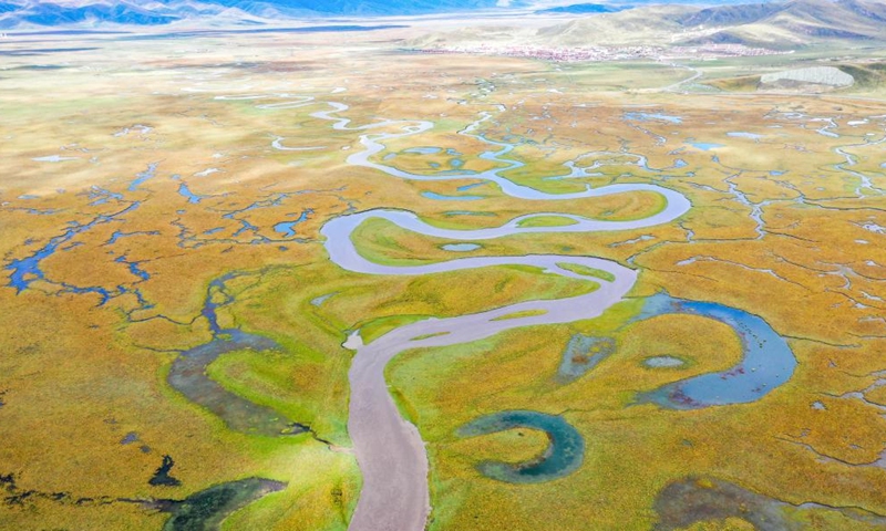 Aerial photo taken on Sept. 17, 2022 shows the scenery of the Awancang Wetland in Maqu County, Gannan Tibetan Autonomous Prefecture, northwest China's Gansu Province.Photo:Xinhua