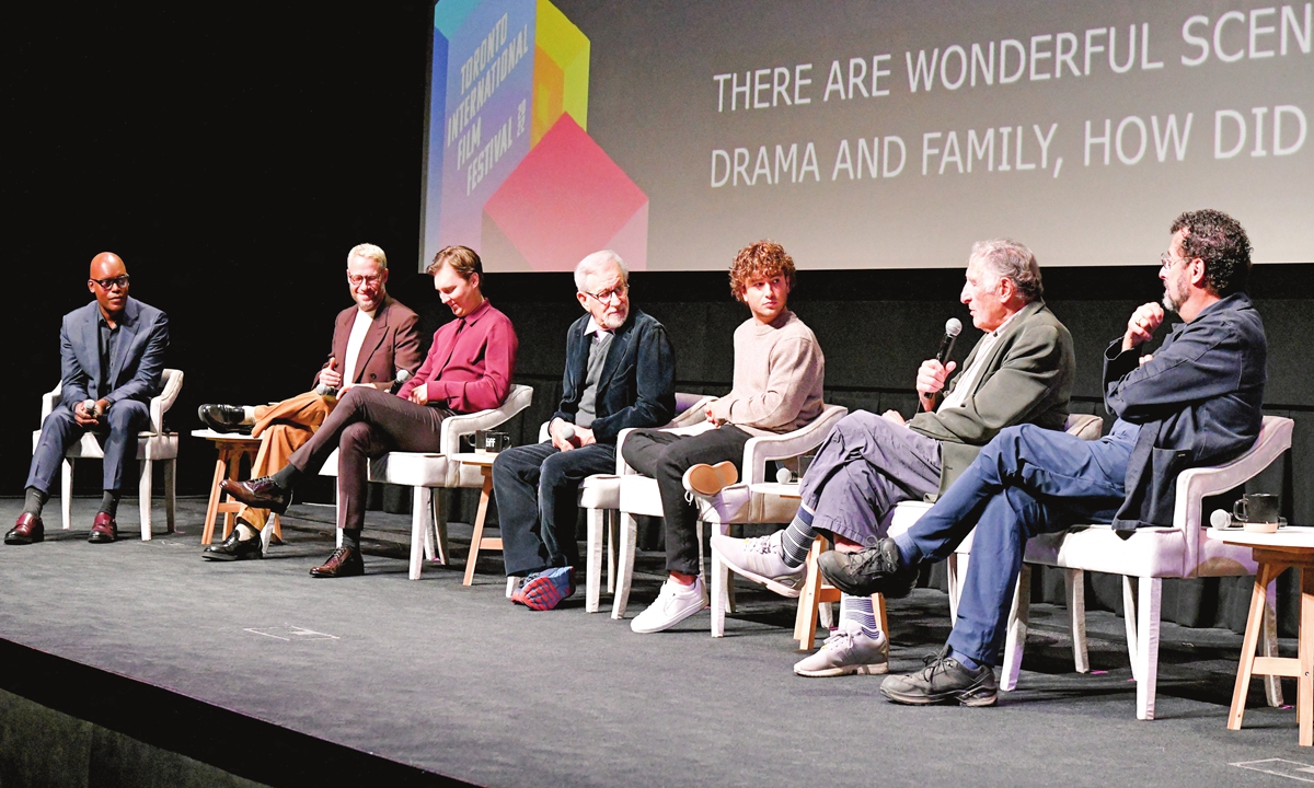 From left: Seth Rogen, Paul Dano, Steven Spielberg, Gabriel LaBelle, Judd Hirsch and Tony Kushner speak onstage at The Fabelmans press conference during the 2022 Toronto International Film Festival at TIFF Bell Lightbox on September 11. Photo: AFP