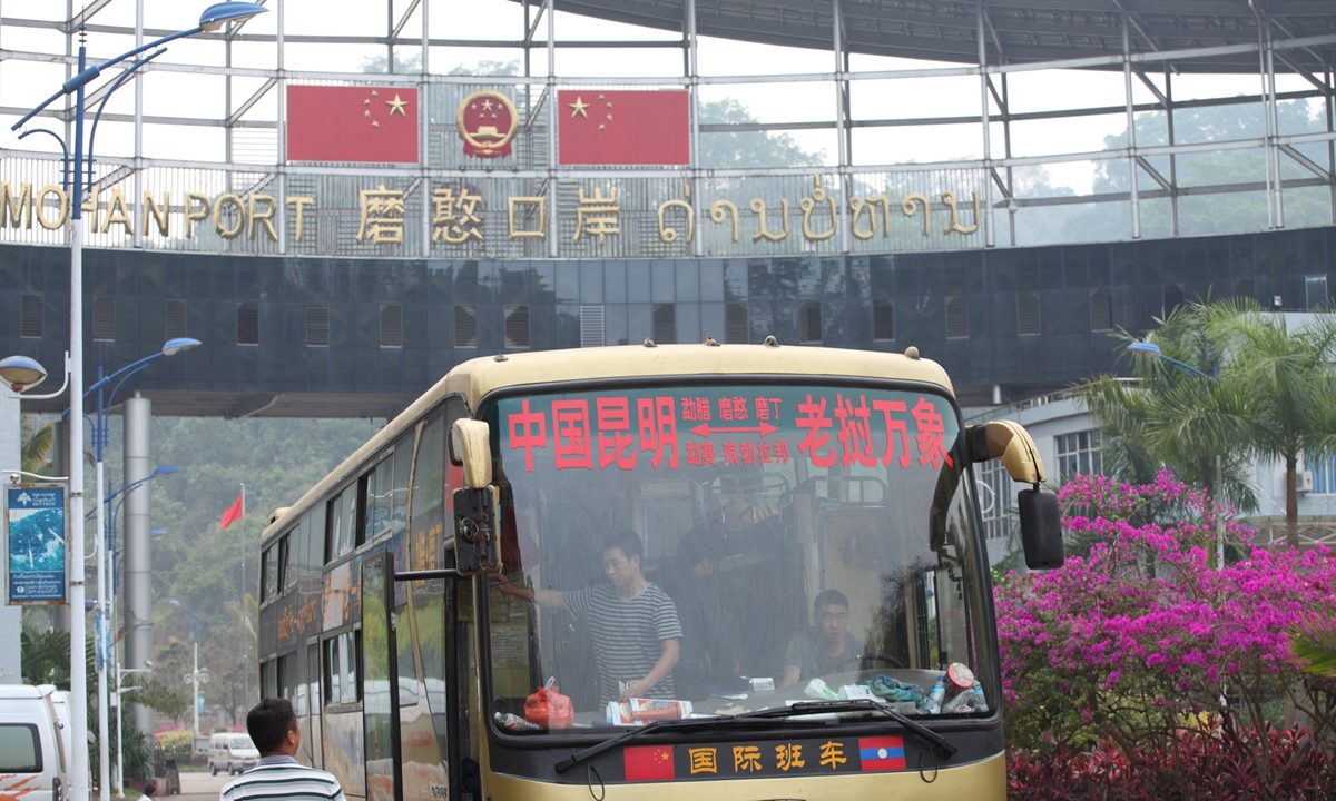 A cross-border shuttle bus at the Mohan Port in Southwest China's Yunnan Province on April 22, 2022. Photo: VCG