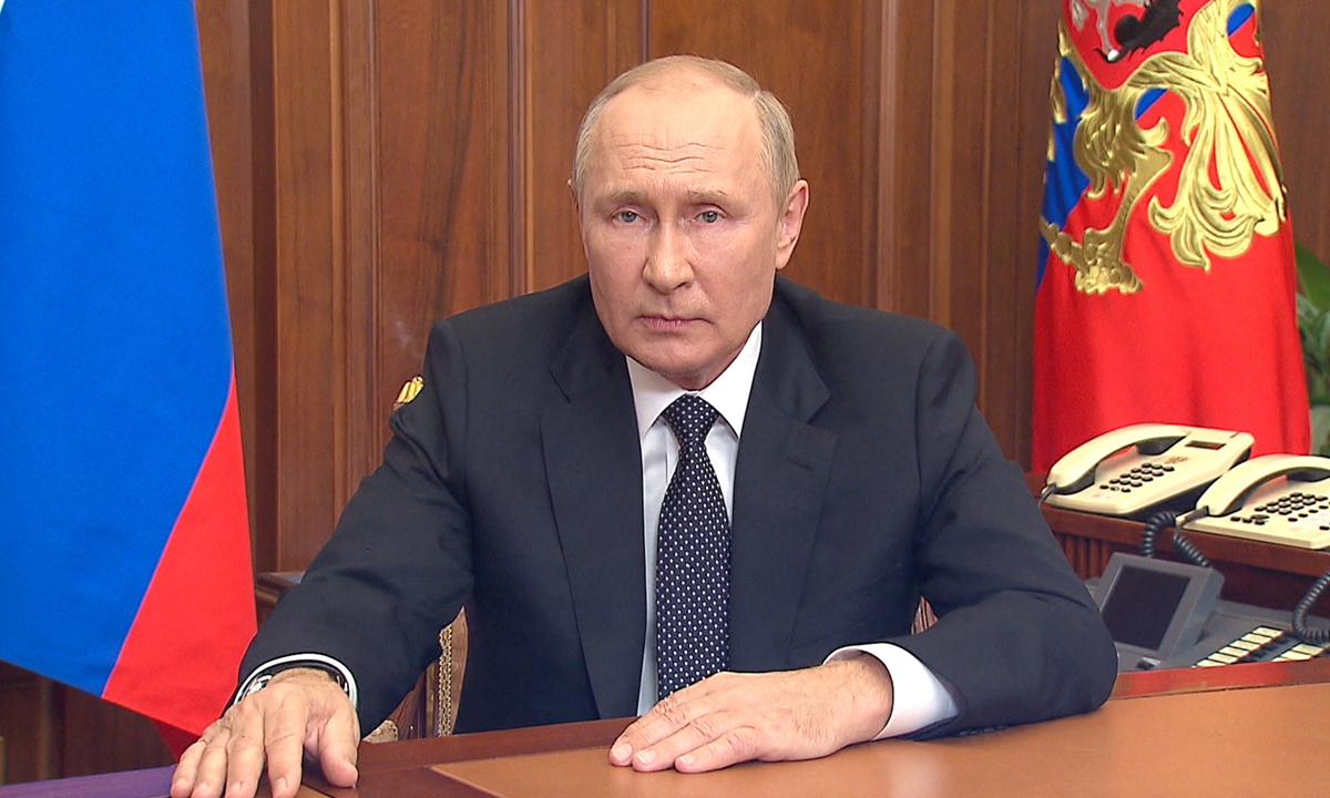 The picture released on September 21, 2022, by the Kremlin shows Russian President Vladimir Putin speaking during a televised address to the nation in Moscow. Photo: AFP