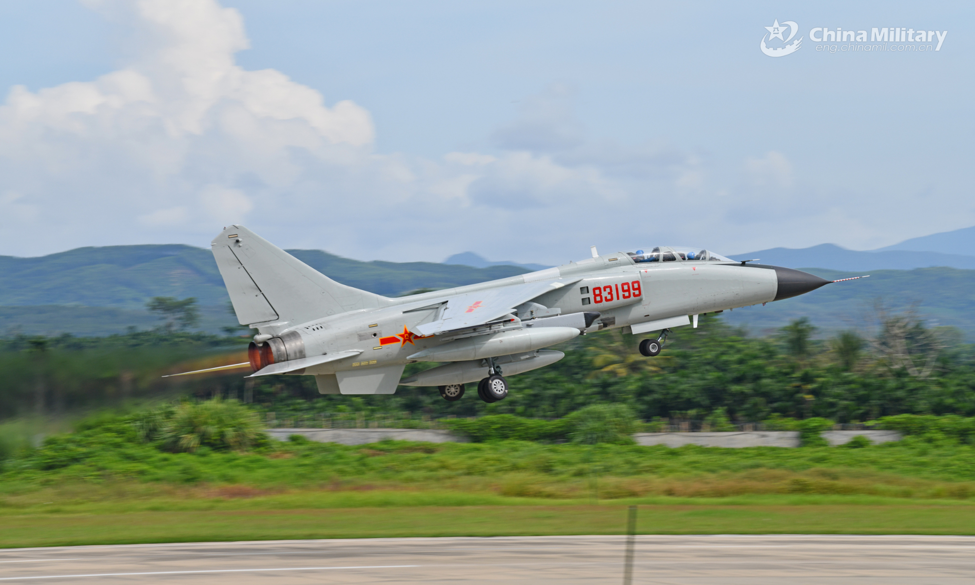 A fighter bomber attached to a naval aviation brigade under the PLA Southern Theater Command takes off from the runway during a flight training exercise on August 24, 2022. (eng.chinamil.com.cn/Photo by Zhuo Lingpeng)