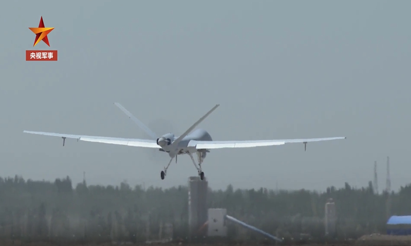 An armed reconnaissance drone attached to a Chinese People's Liberation Army (PLA) Air Force unit based in desert region in Northwest China takes off in a training exercise in 2022. Photo: Screenshot from China Central Television