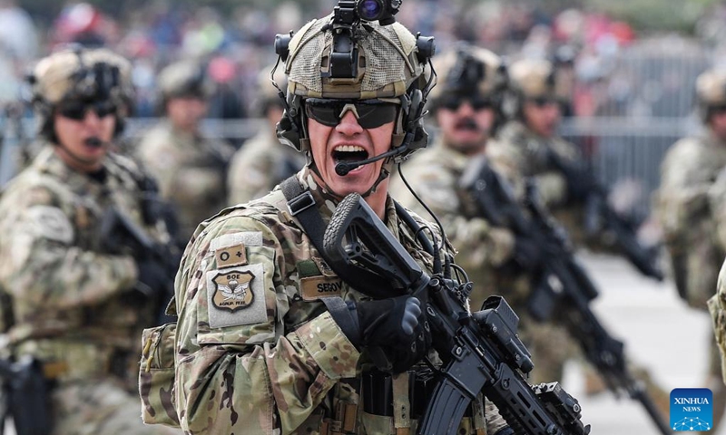 Soldiers take part in an annual military parade to celebrate the Day of the Glories of the Army at the O'Higgins park, in Santiago, Chile, on Sept. 19, 2022.(Photo: Xinhua)