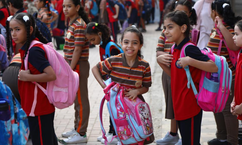 Students are pictured at a public school on the first day of a new academic year in Cairo, Egypt, Oct. 2, 2022. The new academic school year started on Sunday at public schools of some Egyptian provinces. (Xinhua/Ahmed Gomaa)