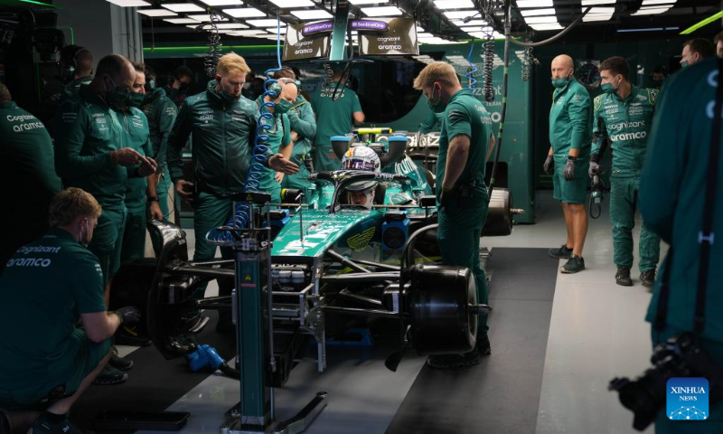 Aston Martin's German driver Sebastian Vettel makes a pit stop during the first practice session of the Formula One Japan Grand Prix held at the Suzuka Circuit in Suzuka City, Japan, on Oct. 7, 2022. (Xinhua/Zhang Xiaoyu)