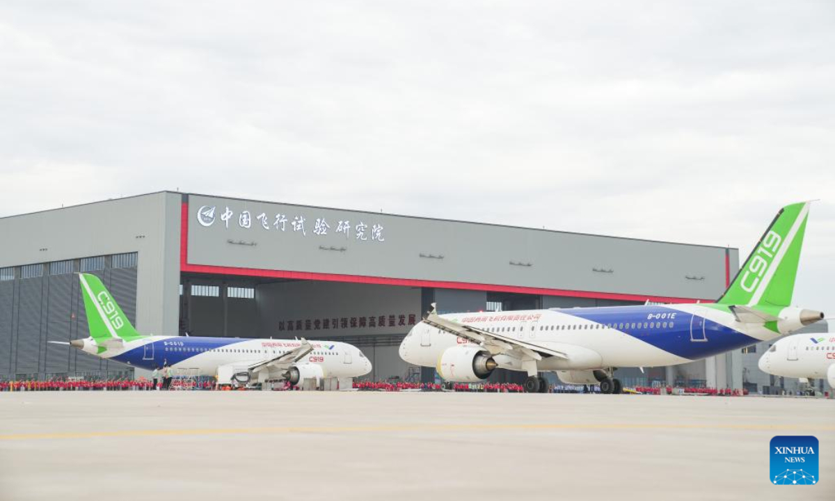 Photo taken on July 18, 2022 shows C919 jets in Pucheng County, northwest China's Shaanxi Province. The C919, China's first homegrown large jetliner, has obtained the type certificate, a milestone step on its journey to market operation. Photo:Xinhua
