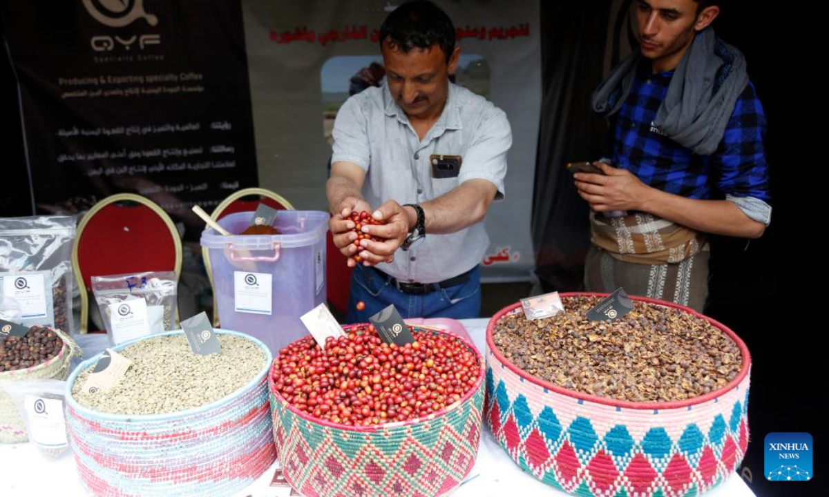 A man holds coffee beans at a booth during a coffee festival in Sanaa, Yemen, on Sep 29, 2022. The coffee festival was held in Sanaa on Thursday to promote Yemeni coffee. Photo:Xinhua