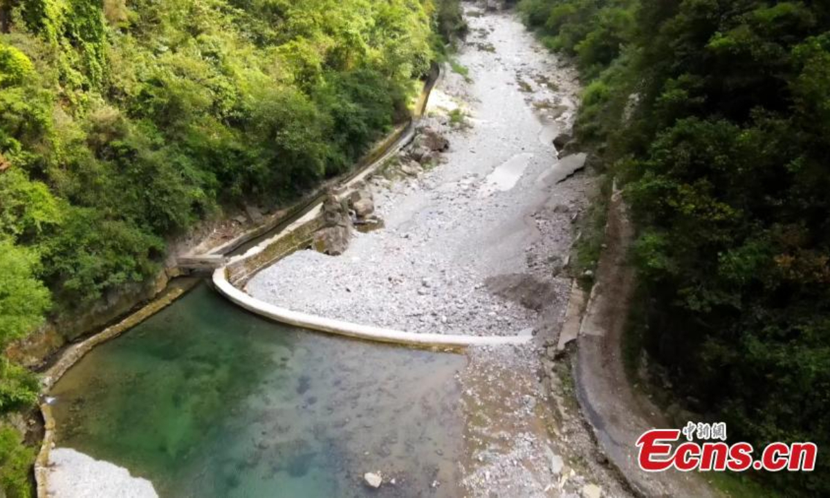 Photo shows an artificial canal built along a cliff in Huanghe town in Chongqing, Sept. 20, 2022. The 15-kilometer-long canal was constructed at an elevation of about 1,000 meters along the cliff in the 1970s. Photo: China News Service