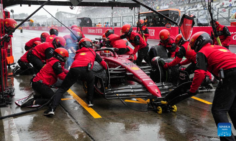 Ferrari's Monegasque driver Charles Leclerc makes a pit stop during the first practice session of the Formula One Japan Grand Prix held at the Suzuka Circuit in Suzuka City, Japan, on Oct. 7, 2022. (Xinhua/Zhang Xiaoyu)