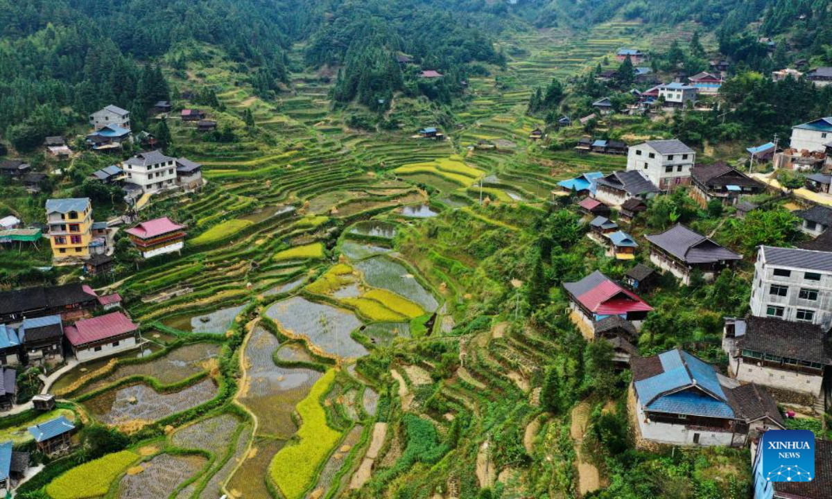 Aerial photo taken on Sep 22, 2022 shows a view of the Liangshuang Village in Hongshui Township, Rongshui Miao Autonomous County, south China's Guangxi Zhuang Autonomous Region. Photo:Xinhua