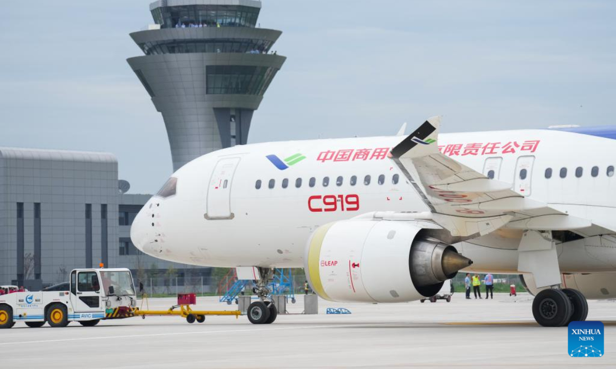 Photo taken on July 18, 2022 shows a C919 jet, China's first homegrown large jetliner, in Pucheng County, northwest China's Shaanxi Province. The C919, China's first homegrown large jetliner, has obtained the type certificate, a milestone step on its journey to market operation. Photo:Xinhua