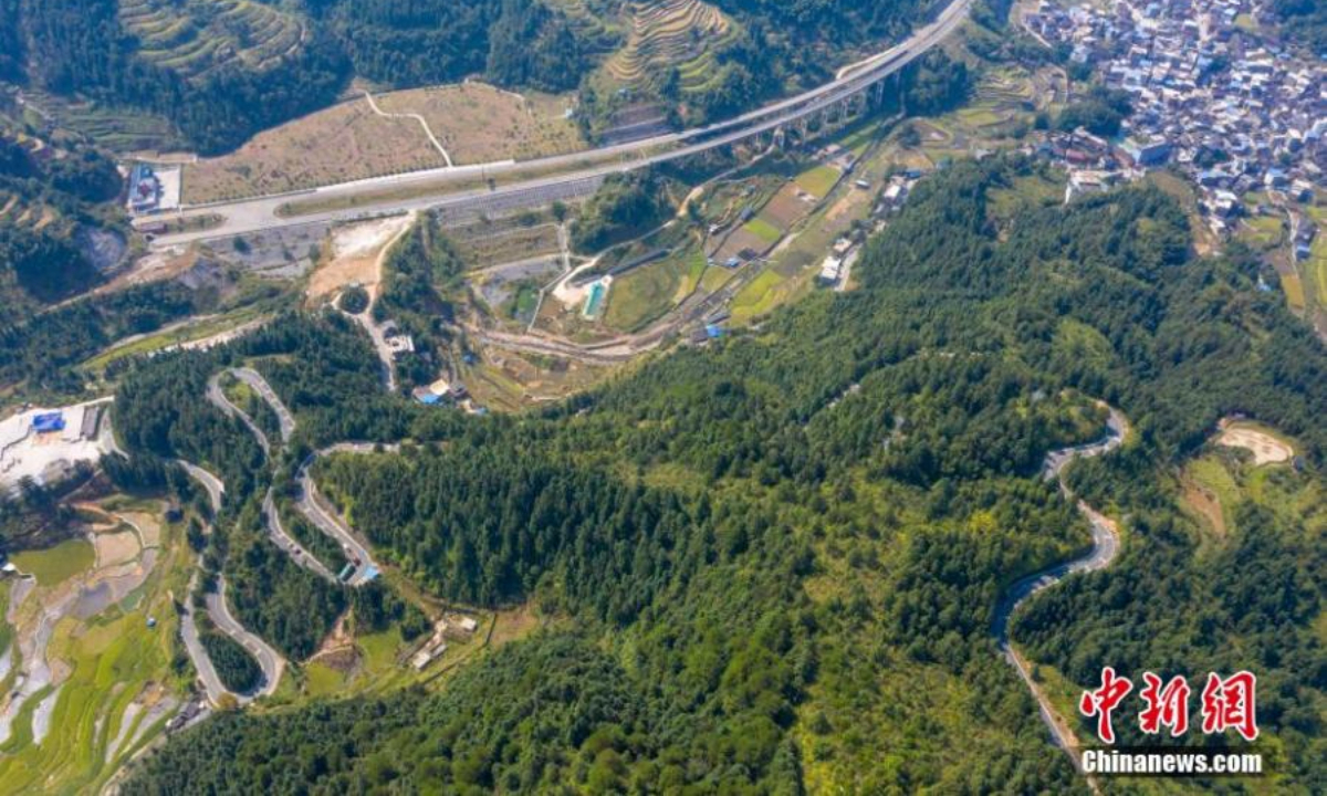 Aerial view shows a winding mountain road in Congjiang county of Qiandongnan Miao and Dong Autonomous Prefecture, southwest China's Guizhou Province. A web of roads connecting settlements scattered in Guizhou's mountain area has been built and played an indispensable role in poverty eradication. Photo:China News Service