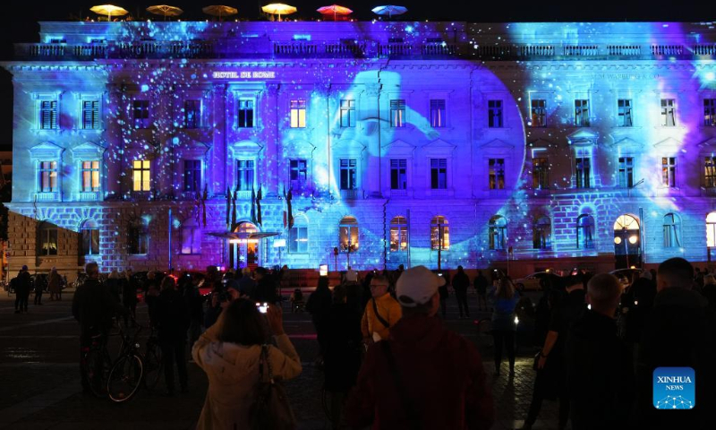 Photo taken on Oct. 7, 2022 shows the Hotel de Rome illuminated during the 2022 Festival of Lights in Berlin, Germany. (Photo by Stefan Zeitz/Xinhua)