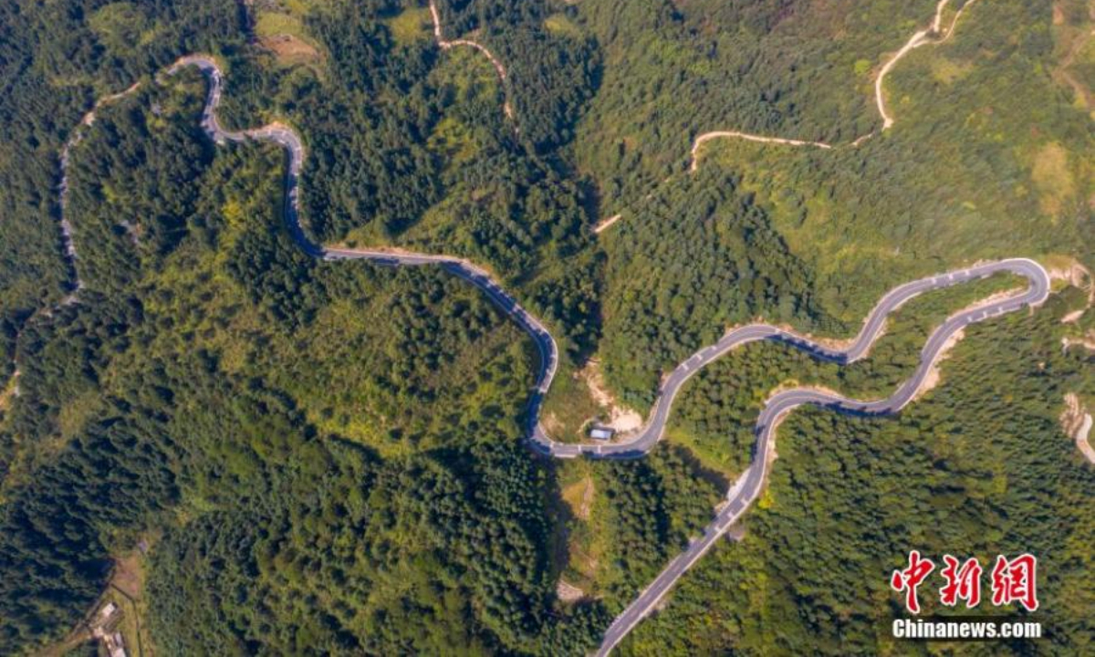 Aerial view shows a winding mountain road in Congjiang county of Qiandongnan Miao and Dong Autonomous Prefecture, southwest China's Guizhou Province. A web of roads connecting settlements scattered in Guizhou's mountain area has been built and played an indispensable role in poverty eradication. Photo:China News Service