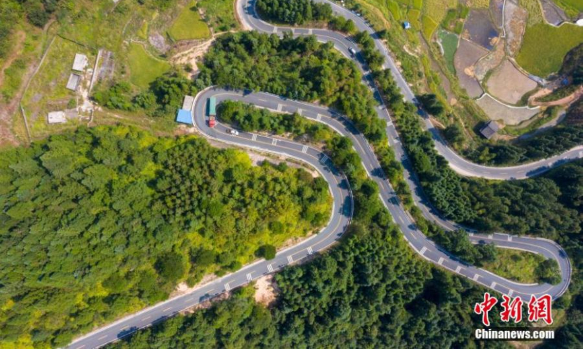 Aerial view shows a winding mountain road in Congjiang county of Qiandongnan Miao and Dong Autonomous Prefecture, southwest China's Guizhou Province. A web of roads connecting settlements scattered in Guizhou's mountain area has been built and played an indispensable role in poverty eradication. Photo:China News Service