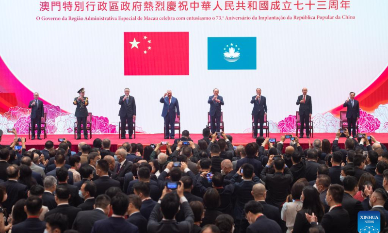 Photo taken on Oct. 1, 2022 shows a reception celebrating the 73rd anniversary of the founding of the People's Republic of China, in Macao, south China. (Xinhua/Cheong Kam Ka)