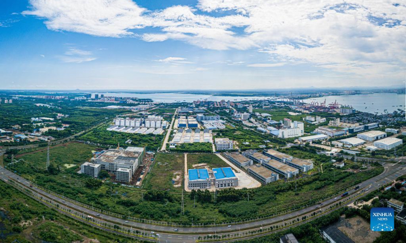 Aerial panoramic photo taken on Oct. 2, 2022 shows the Yangpu bonded port area in the Yangpu Economic Development Zone, south China's Hainan Province. As a state-level development zone established in 1992 in the northwest of Hainan, the Yangpu Economic Development Zone is a pioneer and demonstration area for the Hainan Free Trade Port. (Xinhua/Pu Xiaoxu)
